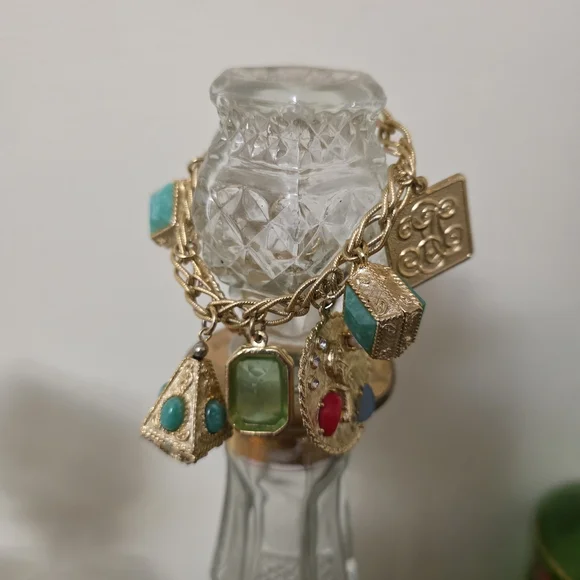 Vintage Gold-Tone Charm Bracelet with Green and Multicolor Gem Accents - Picture 5 of 14